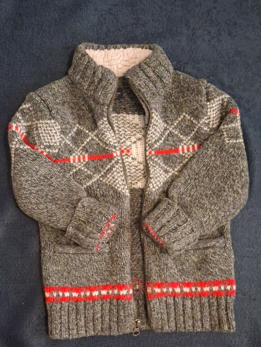 BABY GAP Gray Knit Zip-Up Sweater with Red Stripes